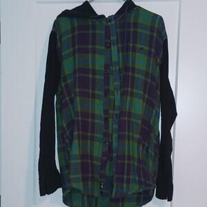2004 Krew Skateboard Green/Purple/Black Plaid Y2K Flannel Hoodie - Grunge (XL)